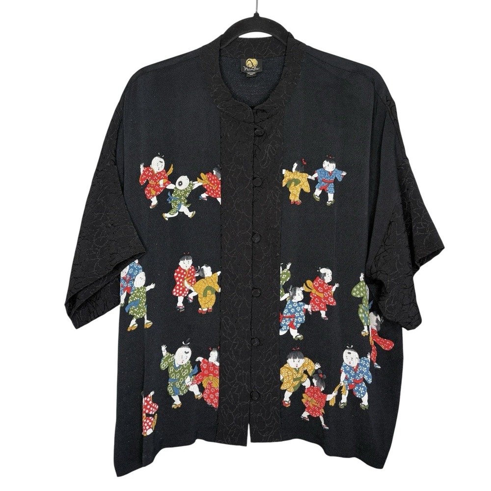 VTG Anne Namba Asian Art to Wear Silky Button Top XL Y2k Boho Oversized Karako